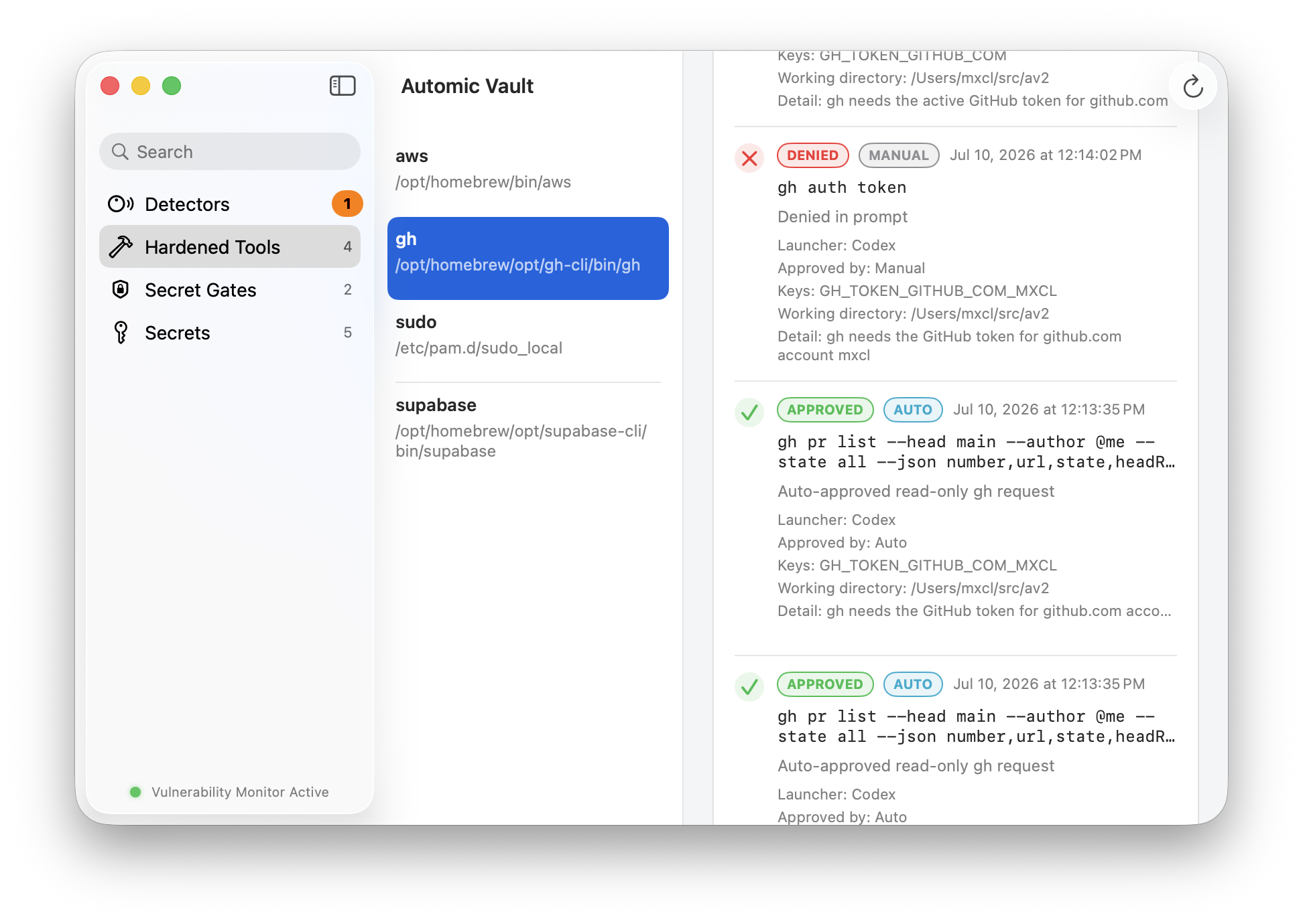 Automic Vault Authorization History for developer Secret Use